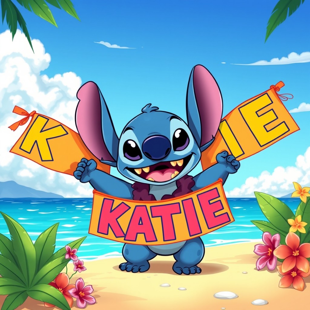 A vibrant, cartoon-style illustration of Stitch from Disney's Lilo & Stitch, playfully holding a colorful banner with the name 'KATIE' written in bright, bold letters