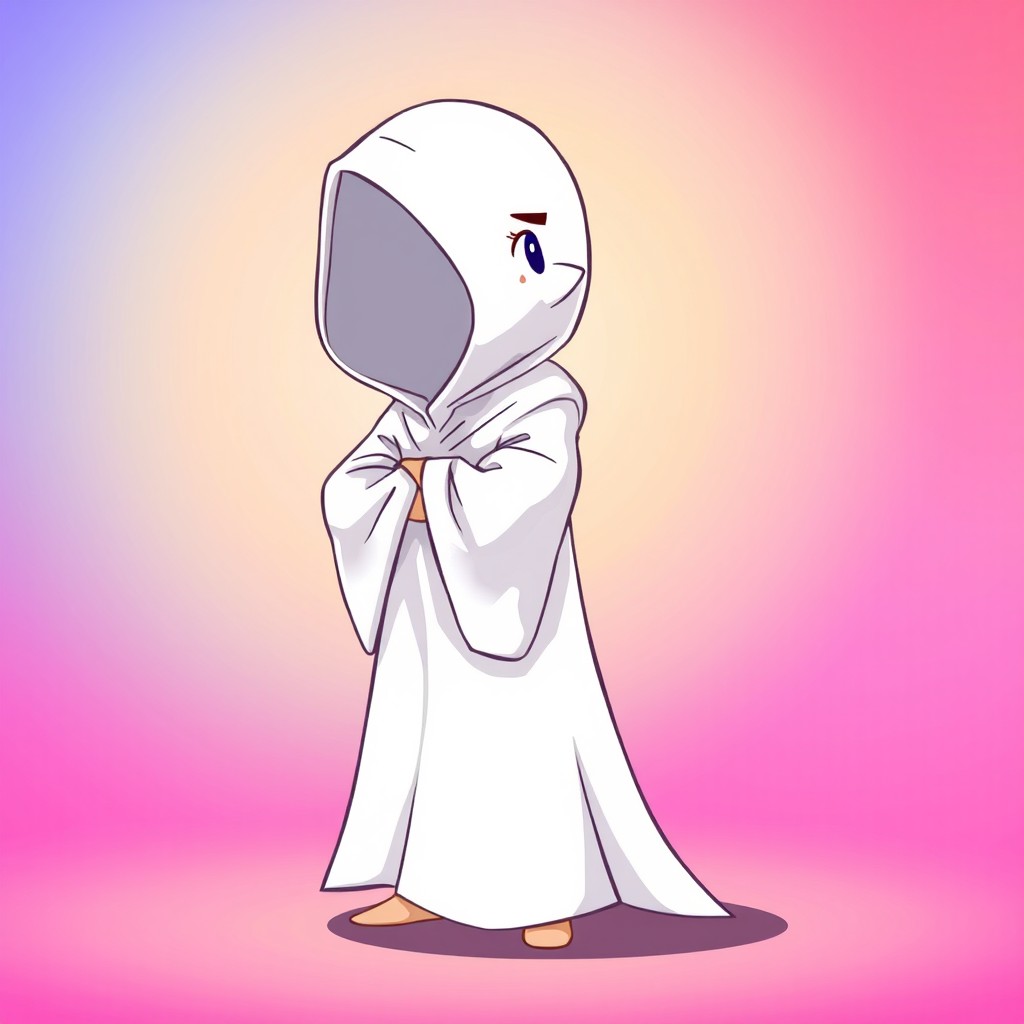 A cartoon-style white hooded figure standing in a dynamic pose, looking to the right with a confident expression