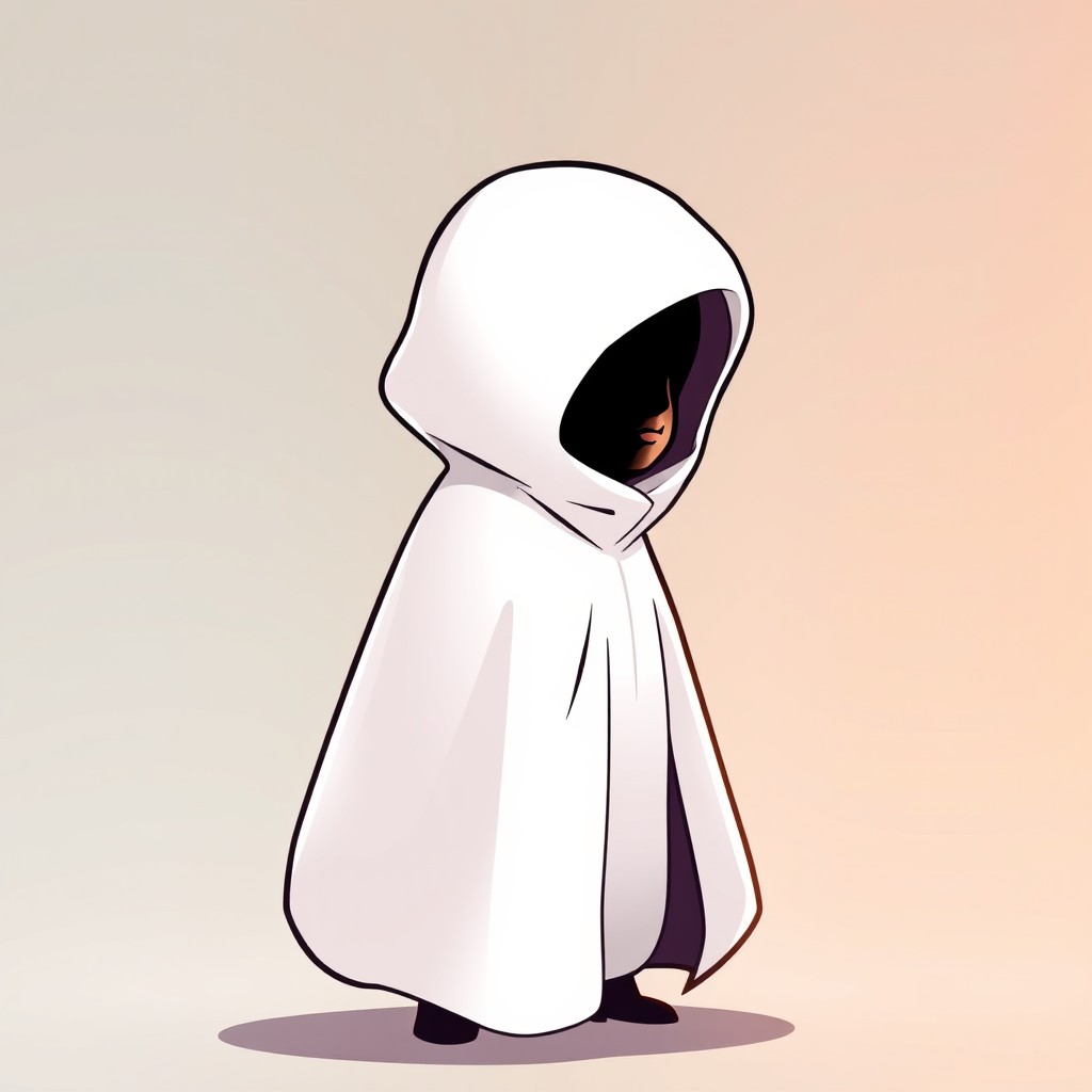 A cartoon-style illustration of a mysterious white hooded figure, standing with a slight turn to the right