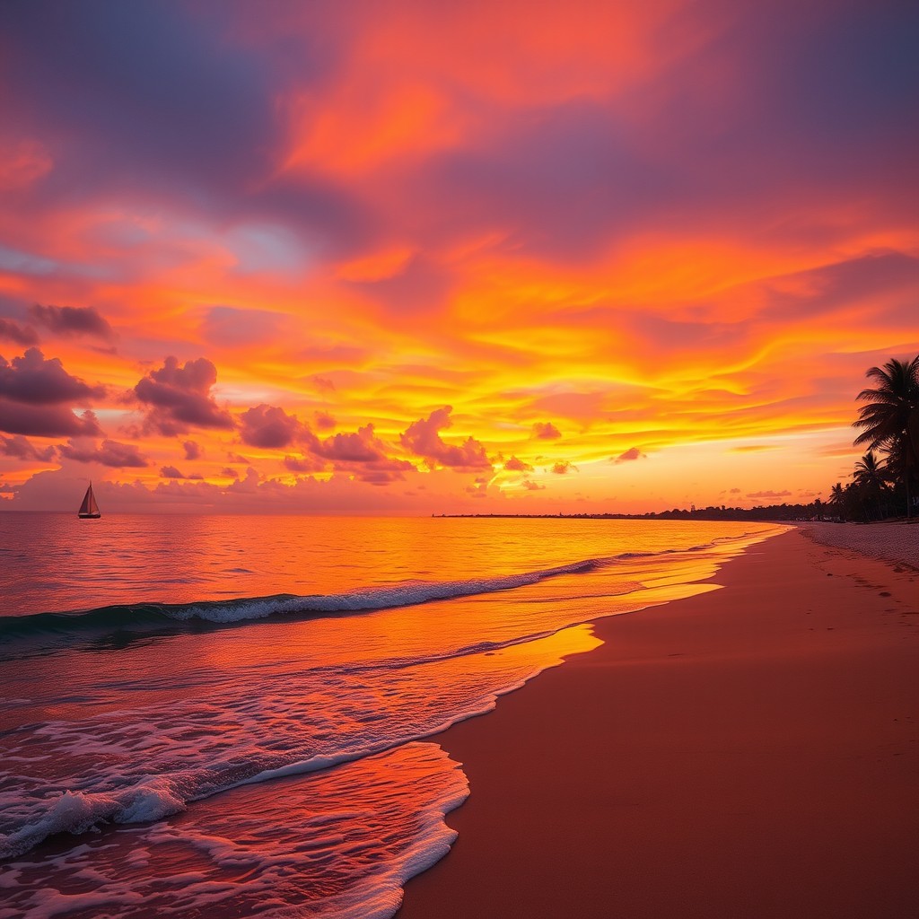 A beautiful sunset over a tranquil beach, where the sky is painted in shades of orange, pink, and purple