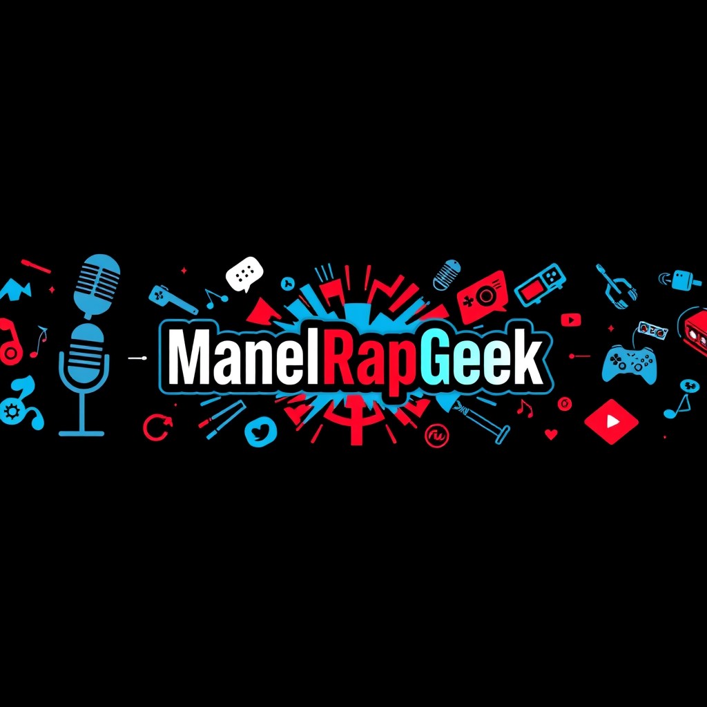 Design a captivating banner for the YouTube channel "ManelRapGeek" with dimensions of 9536 pixels in width and 333 pixels in height, alongside an optimized size of 2048 x 1152 pixels