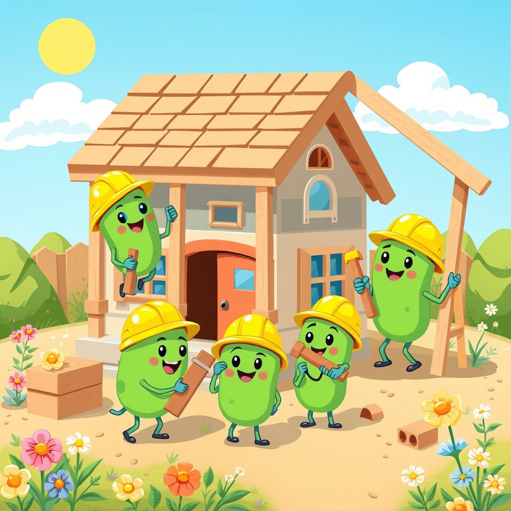 A whimsical scene of lymphocytes, depicted as cute, cartoon-style characters, working together to build a house