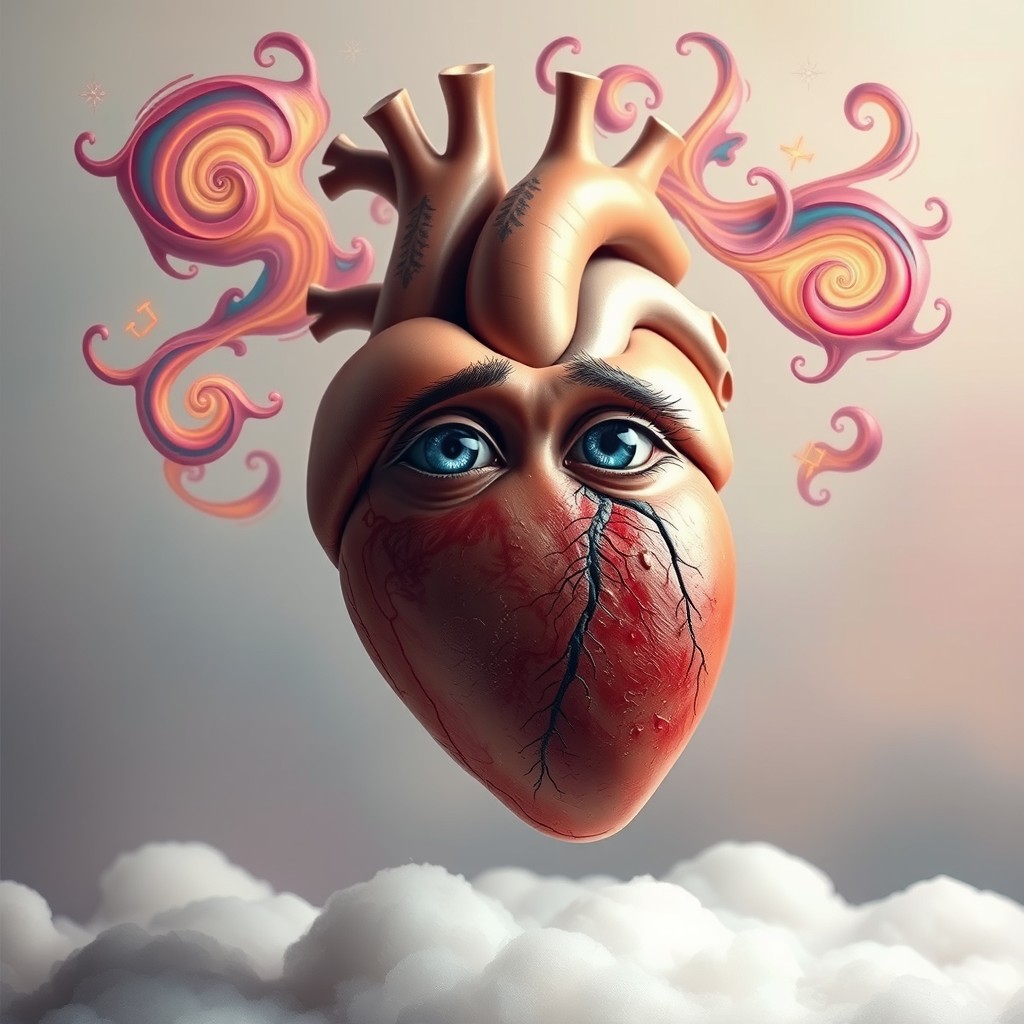 A surreal depiction of a human heart with eyes and a thoughtful expression, set in a dreamlike environment