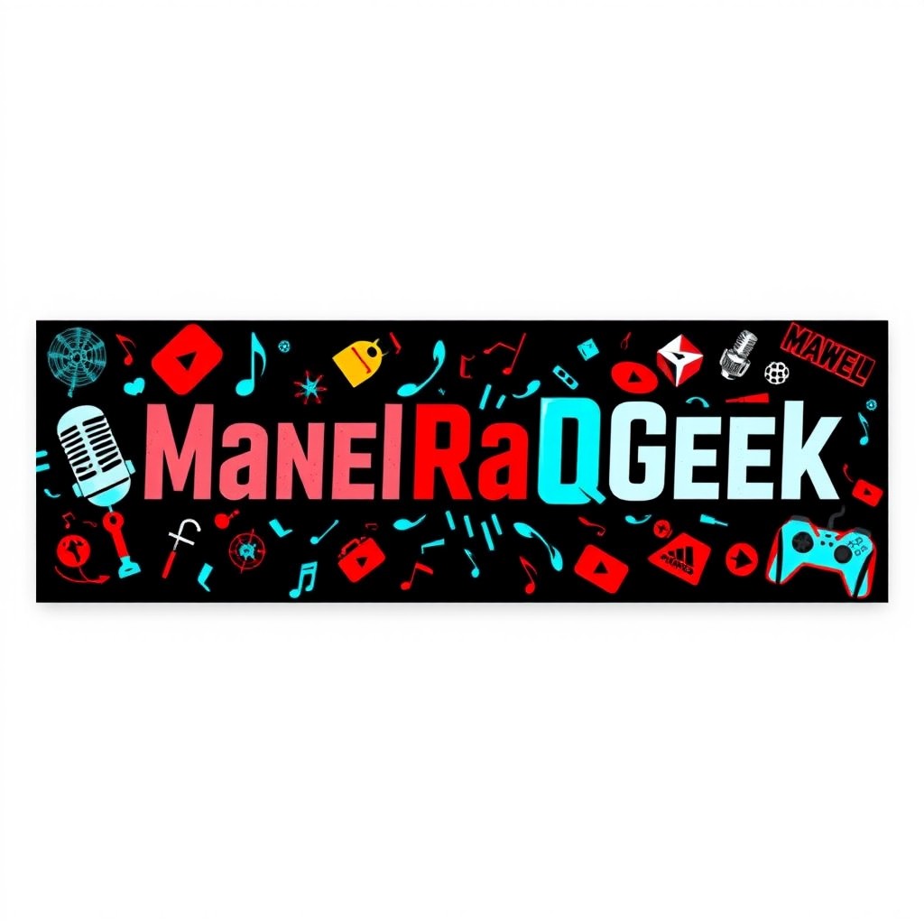 Create a visually appealing banner for the YouTube channel "ManelRapGeek" with dimensions of 2048 pixels in width and 1152 pixels in height
