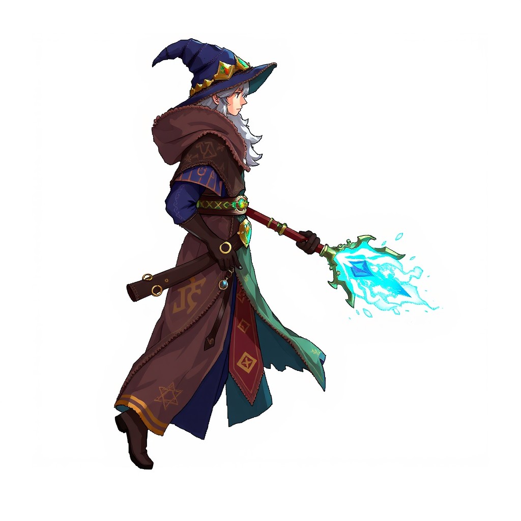 A highly detailed pixel art sprite of a male mage walking to the right in a side view