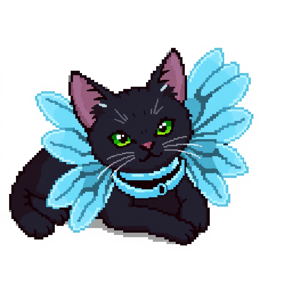 A black cat laying down gracefully, adorned with vibrant cyan cosmetic wings that spread elegantly around it
