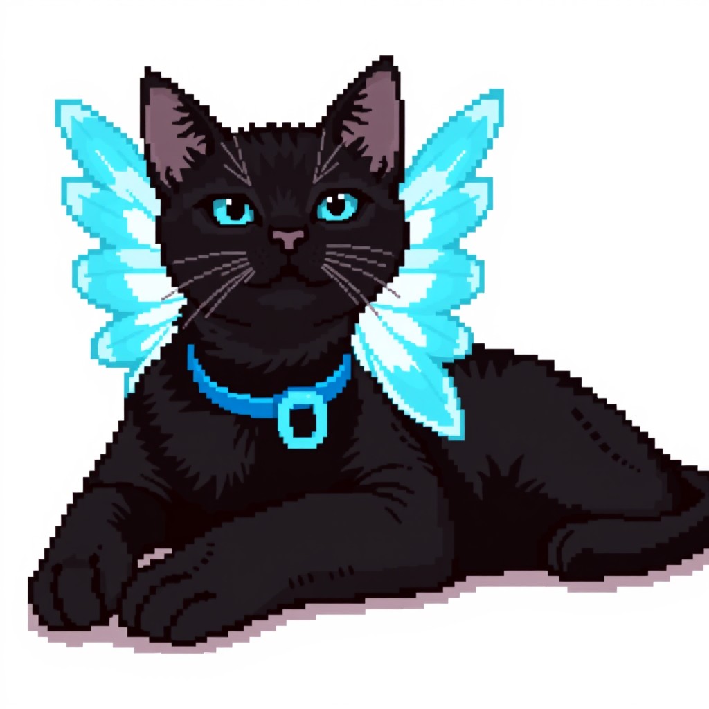 A black cat comfortably laying down, adorned with beautiful cyan cosmetic wings that are vibrant and eye-catching