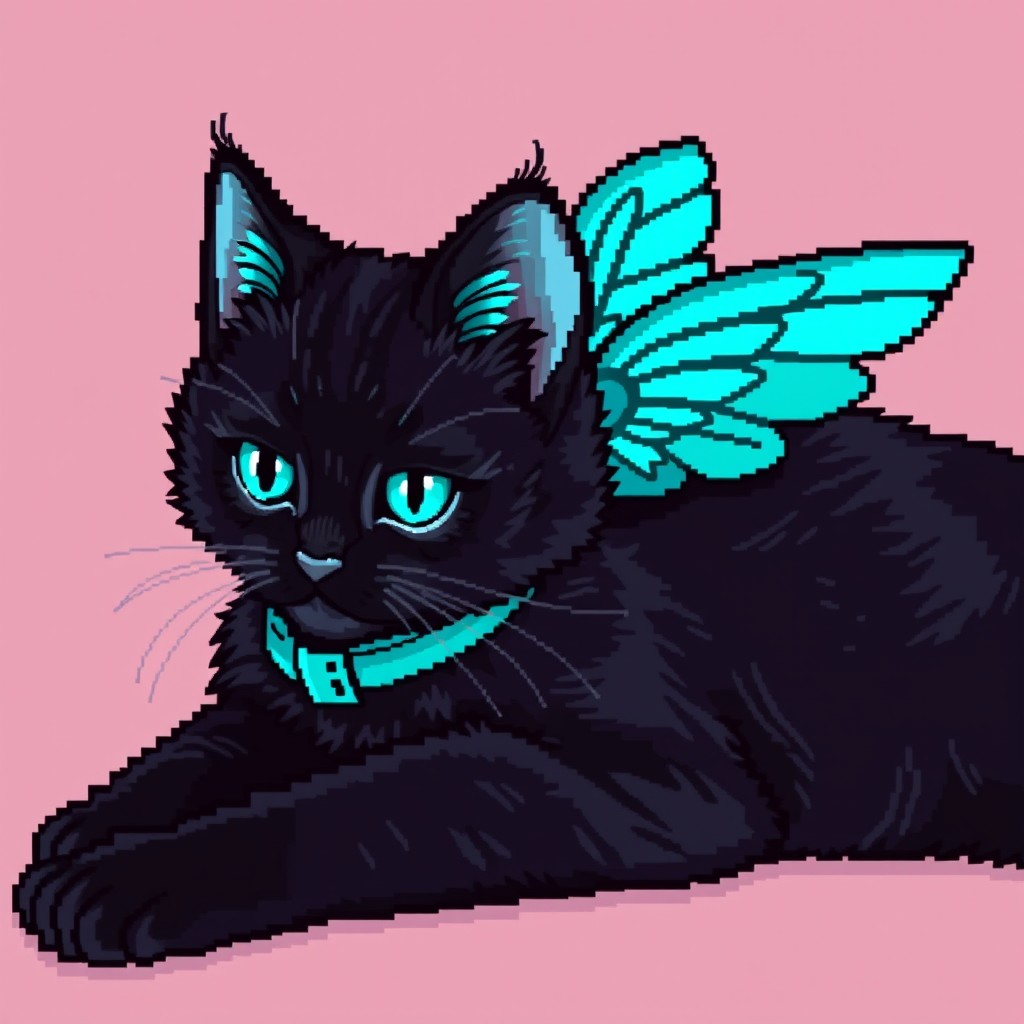 A black cat comfortably laying down, adorned with stunning cyan cosmetic wings that accentuate its playful nature