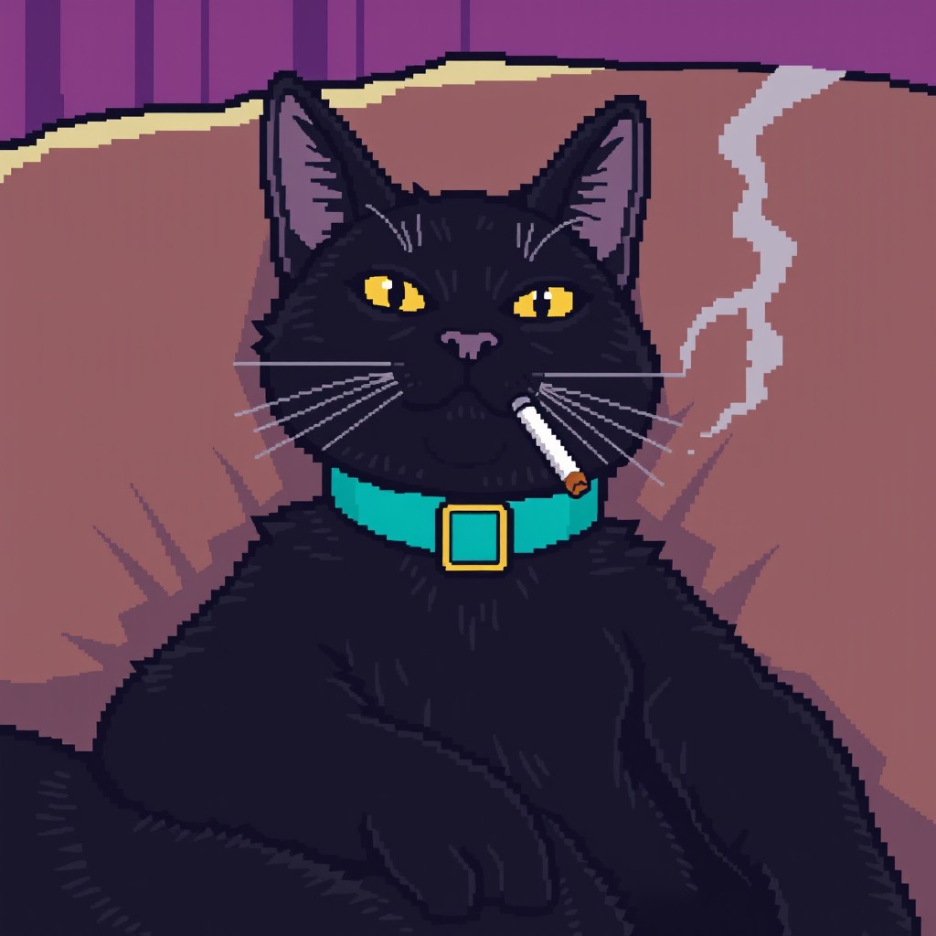 A black cat lounging comfortably, wearing a stylish cyan collar