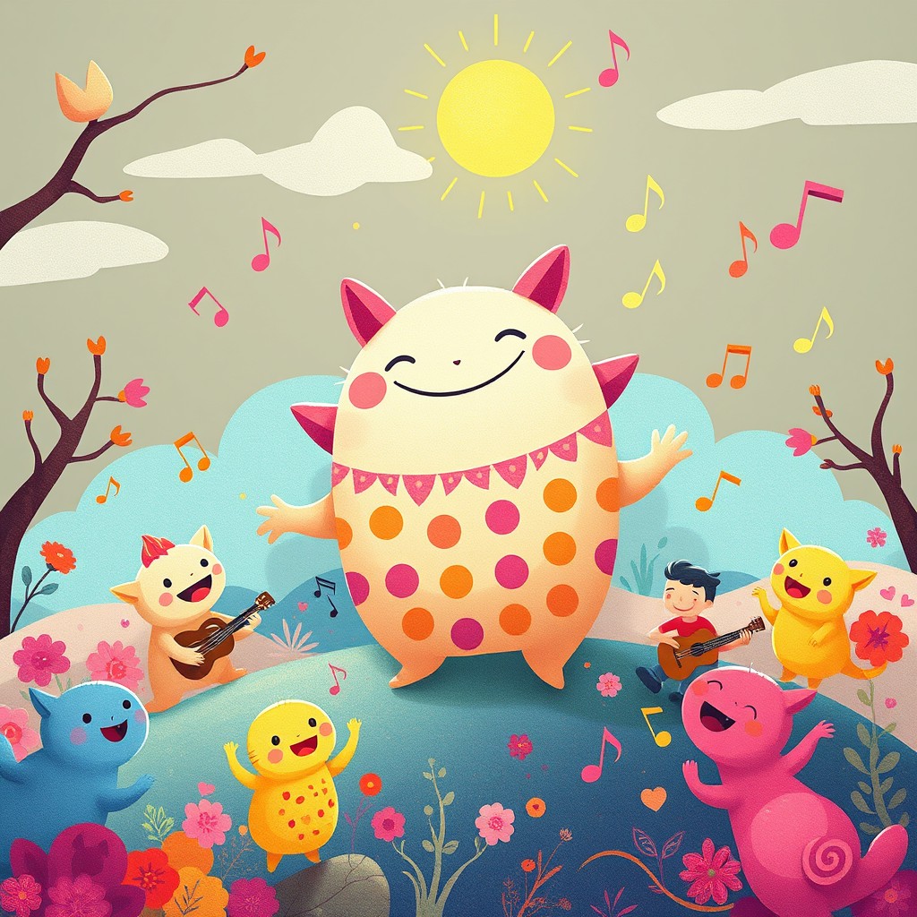 A whimsical and colorful illustration featuring a fantastical landscape filled with vibrant characters singing and dancing joyfully