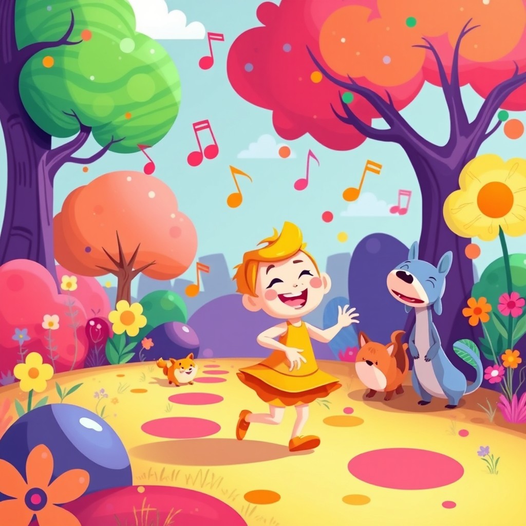 A whimsical and colorful scene inspired by playful music, featuring a vibrant, cartoonish environment
