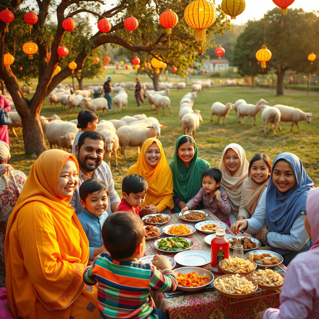A vibrant celebration of Eid ul-Azha with families joyfully gathering outdoors
