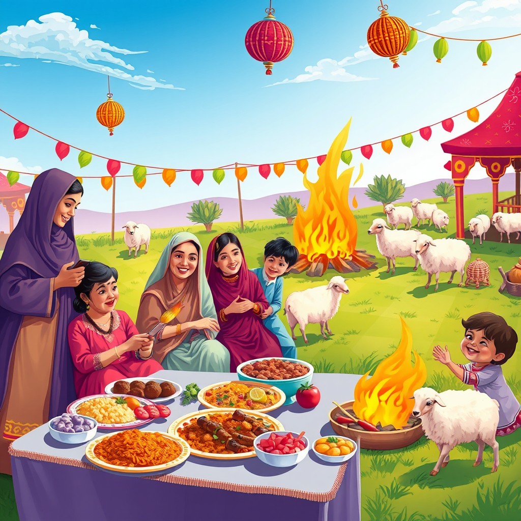 A vibrant and festive depiction of Eid ul-Azha celebrations, illustrating a warm family gathering in a beautifully decorated outdoor setting