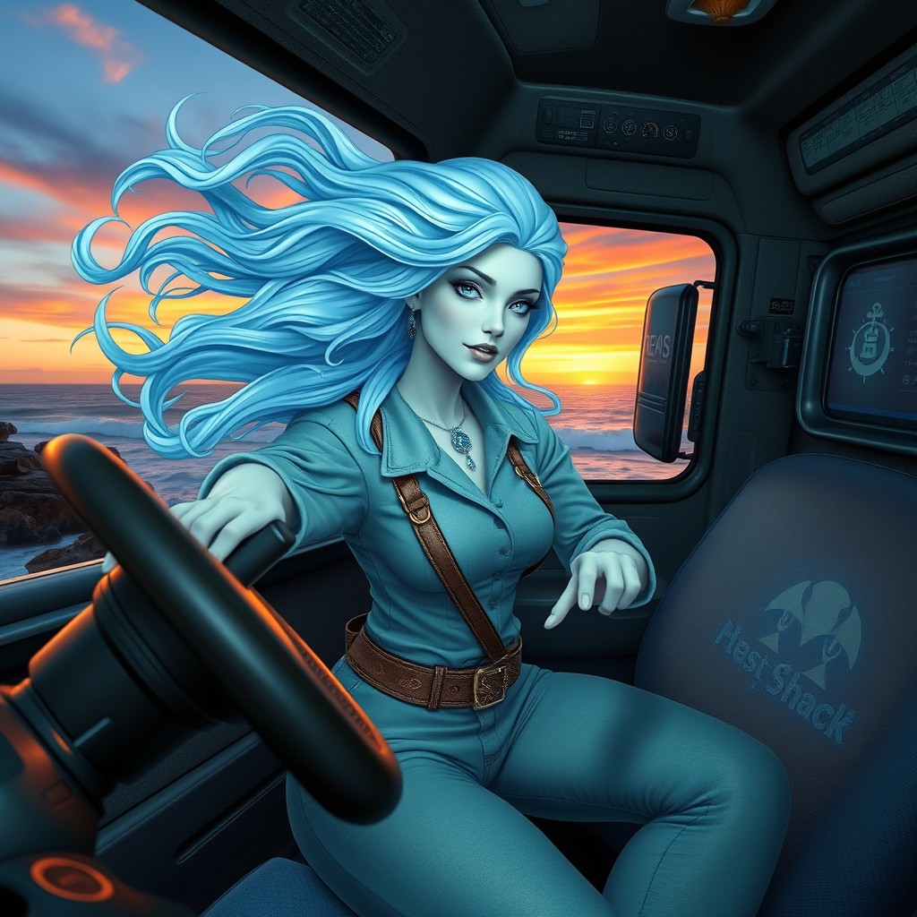 A captivating image of a female sea ghost truck driver