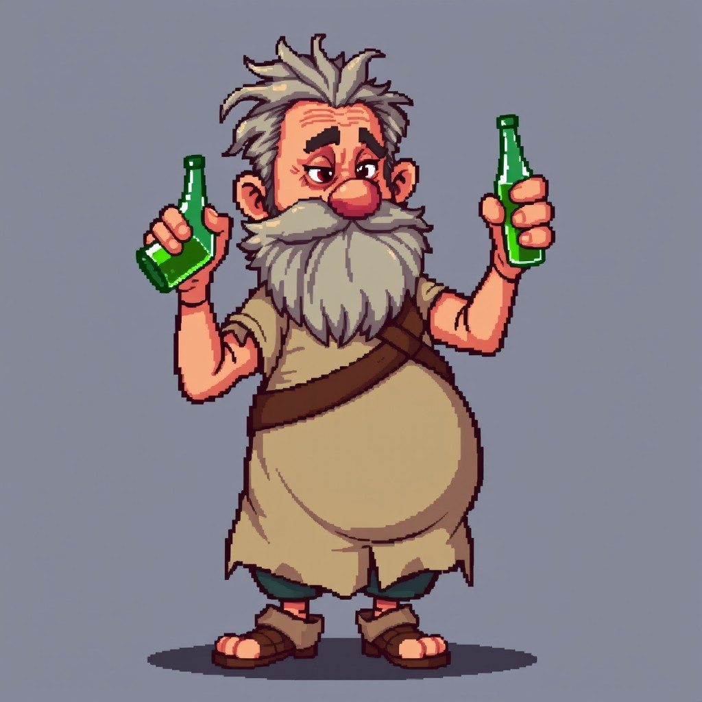 Pixel art character of Francisco, a drunken old man with a big belly, wearing tattered clothes and a disheveled look