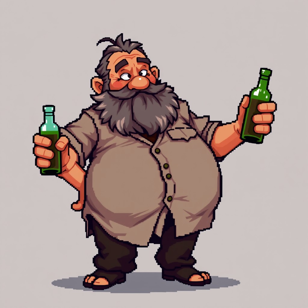 A pixel art character named Francisco, depicted as a drunken old man with a big belly