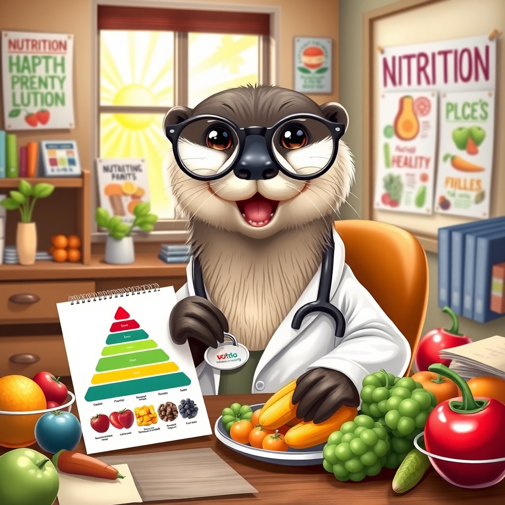 A whimsical and adorable otter dressed as a nutritionist, wearing round glasses and a lab coat, sitting at a desk filled with healthy foods like fruits and vegetables