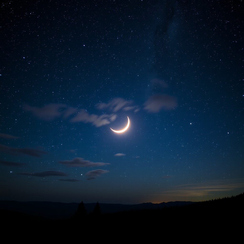 A breathtaking night sky filled with millions of twinkling stars, a glowing crescent moon hanging low, and beautiful wisps of clouds scattered throughout