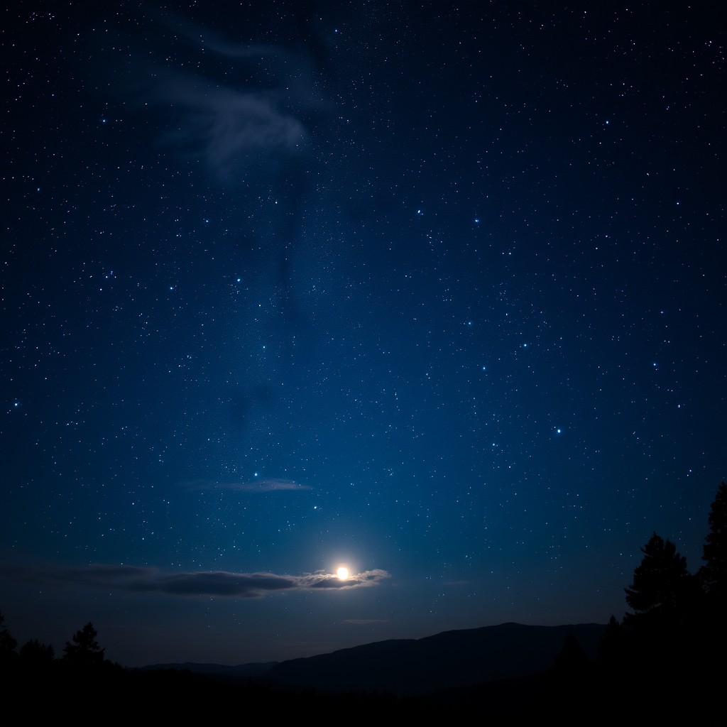 A breathtaking night sky filled with countless stars twinkling against a deep blue backdrop, the Milky Way stretching across the horizon, casting a soft glow