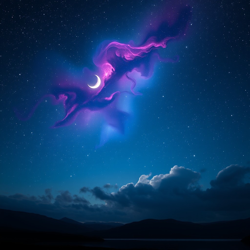 A stunning night sky filled with twinkling stars, a bright crescent moon glowing softly, and vibrant nebulae swirling in different hues of purple, blue, and pink