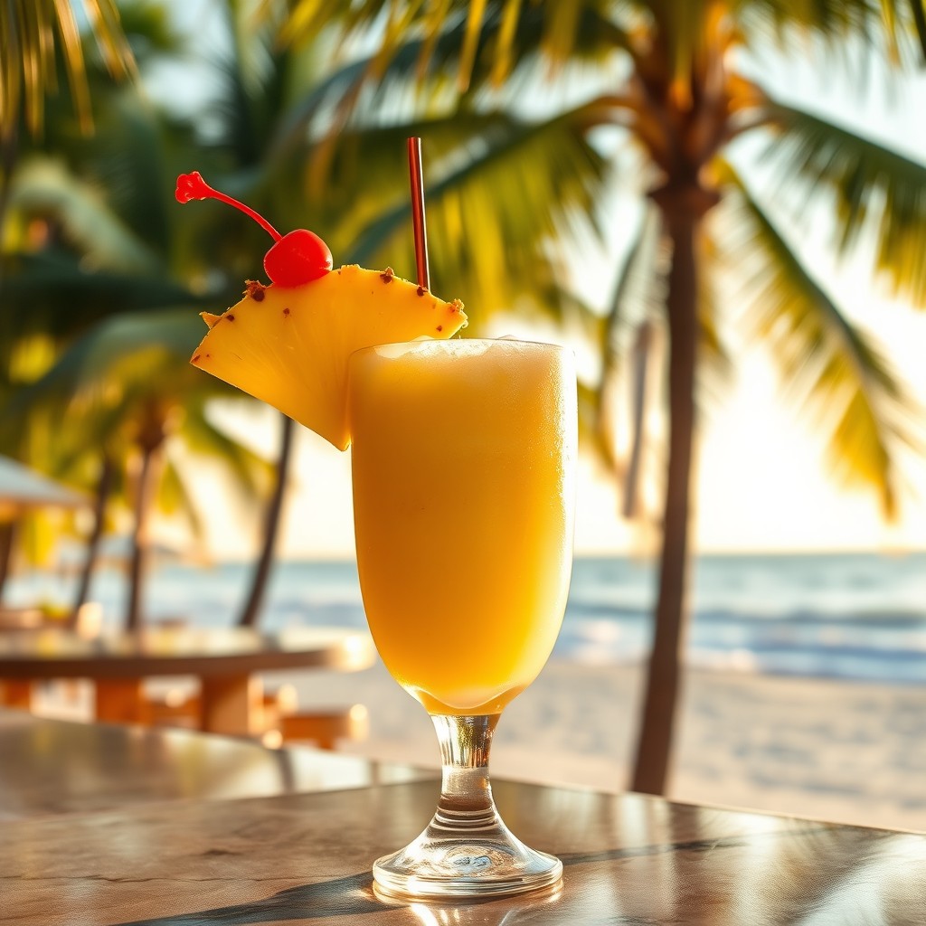 A refreshing artisanal piña colada cocktail, beautifully garnished with a slice of fresh pineapple and a maraschino cherry on top
