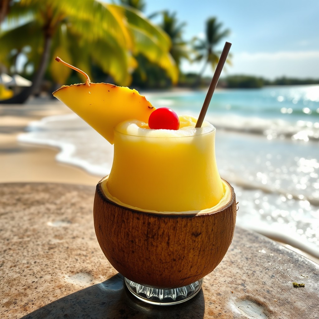 A beautifully crafted artisanal piña colada served in a coconut shell, garnished with a slice of fresh pineapple and a cherry on top