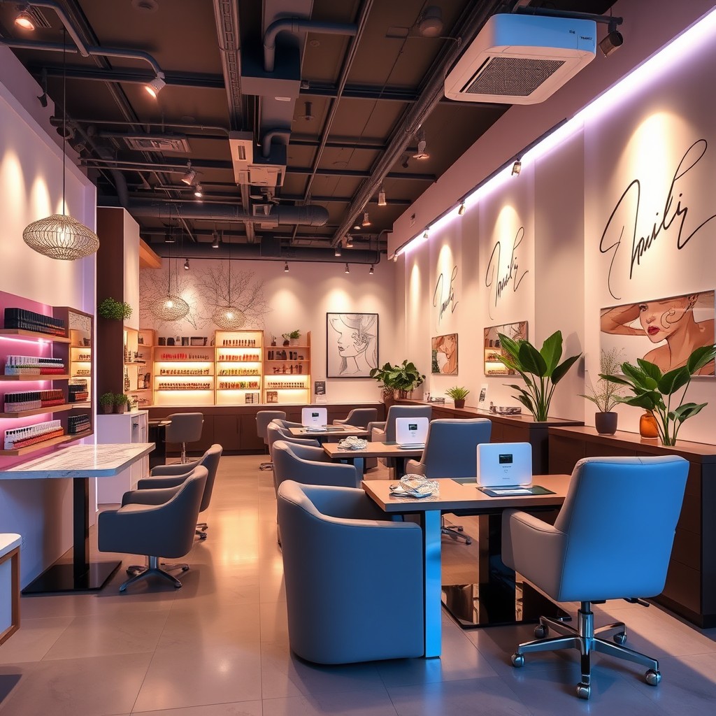 Interior design of a beauty salon featuring a chic and modern atmosphere with dedicated areas for nail services, haircut stations, and facial treatments