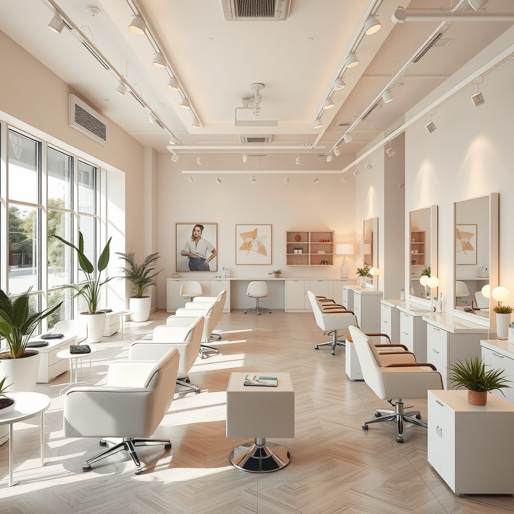 A beautifully designed beauty salon interior focused on nail services, haircutting, and facials, featuring elegant manicure stations