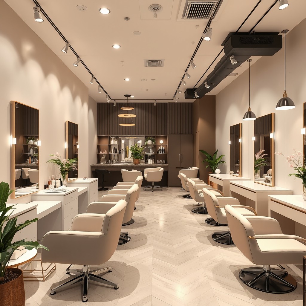 A stylish beauty salon interior design showcasing a dedicated space for nail services, haircuts, and facials, emphasized by elegant decor elements