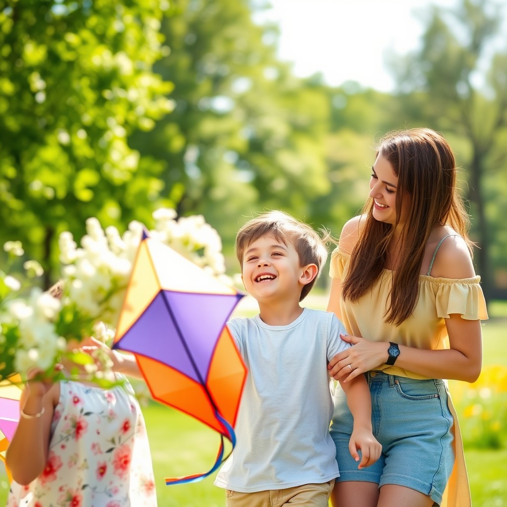 A serene portrait of a young boy playing with women, highlighting a joyful, familial atmosphere in a bright, sunny park