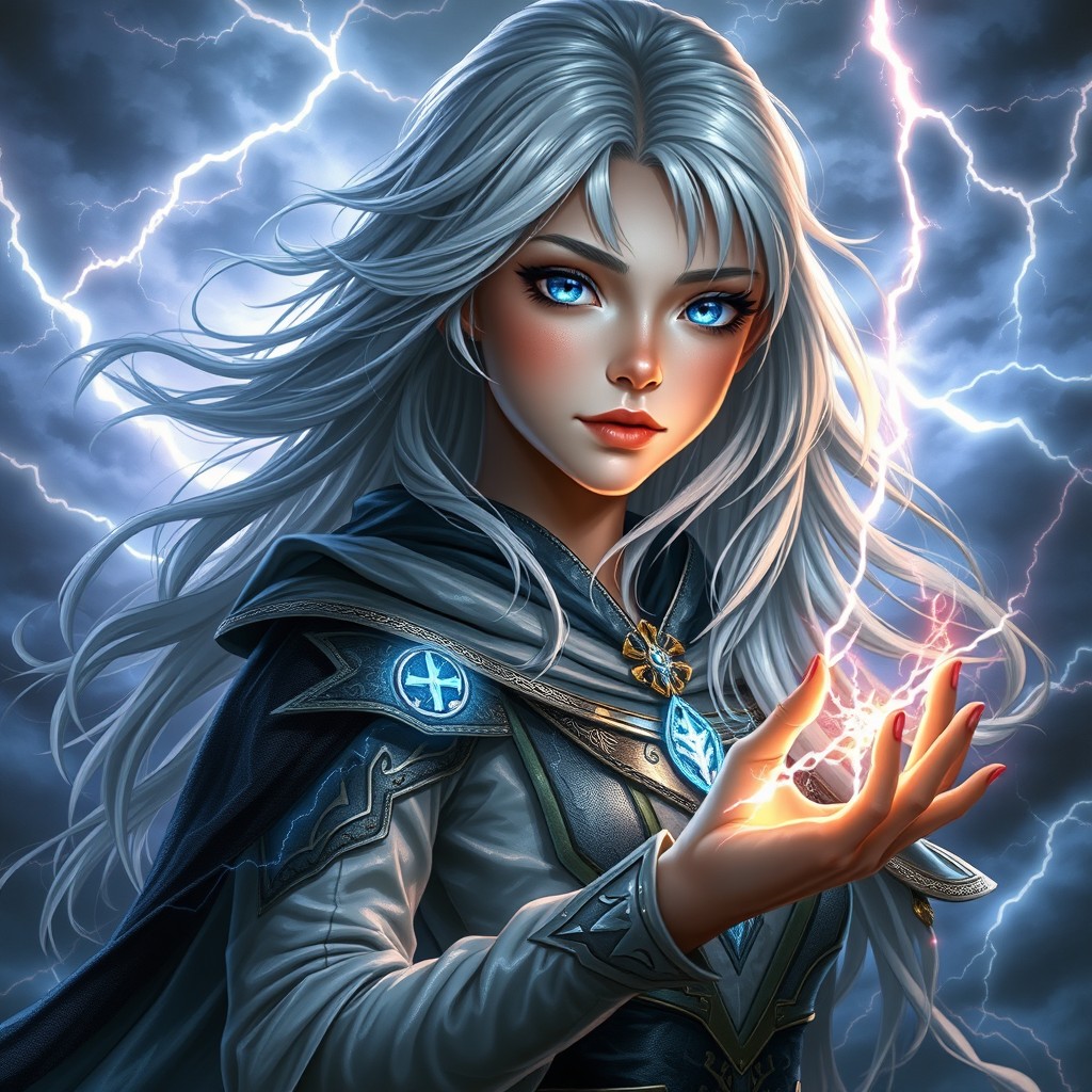 A striking half-elf female teenage storm-born sorcerer, showcasing her magical prowess