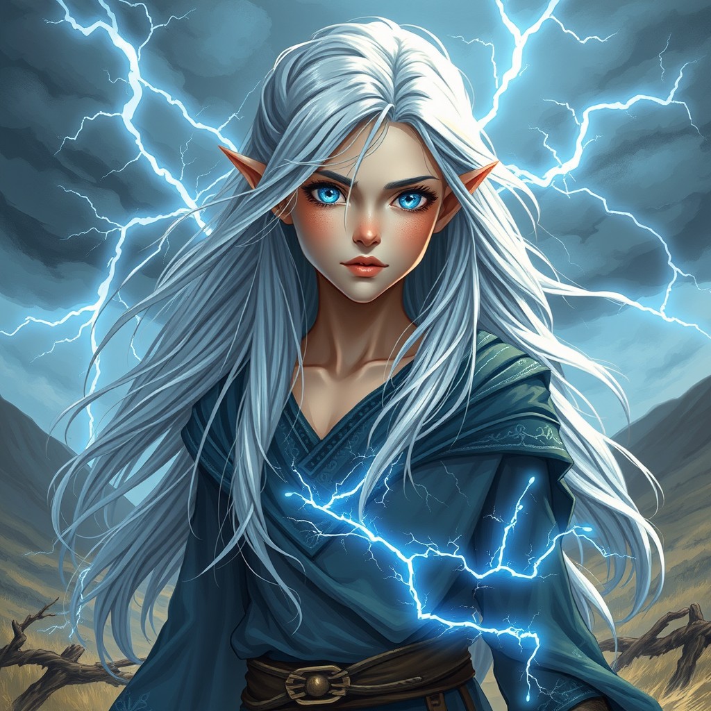 A half elf female teenager who is a storm-born sorcerer, exhibiting an enchanting presence