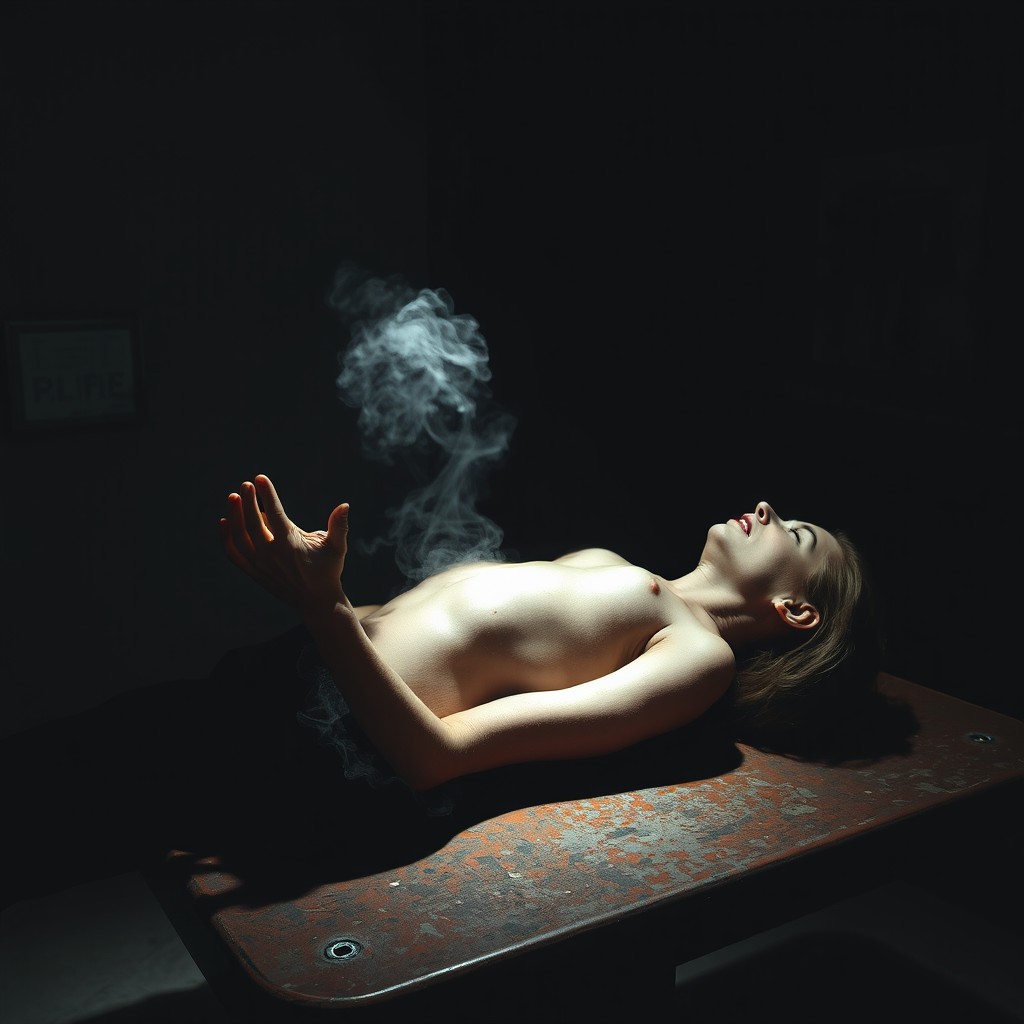 A dimly lit scene of a disheveled operating room with a body lying on a rusty table