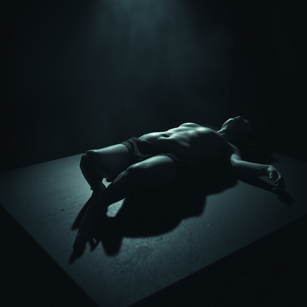 A dimly lit room featuring a mysterious and eerie body lying on a table