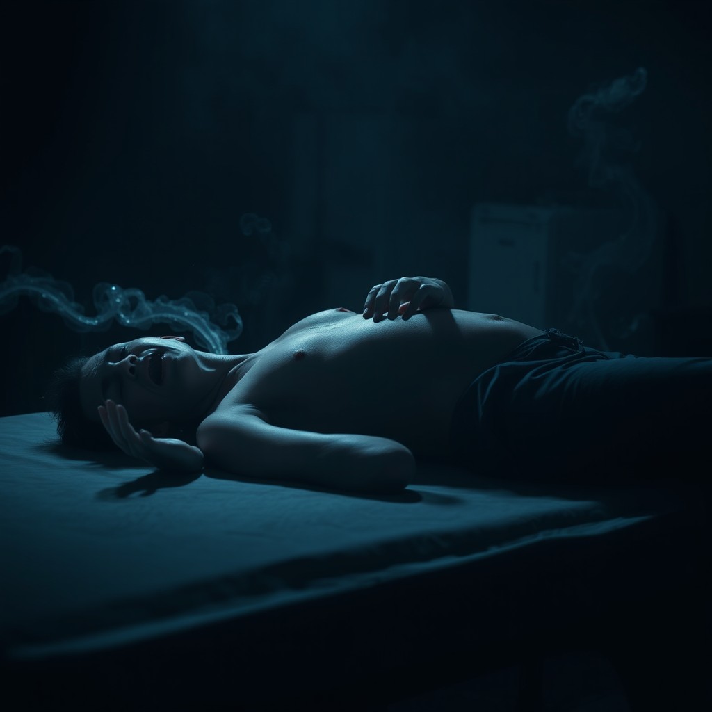 A dimly lit scene featuring a body lying on a table, with fingers twitching and a faint groan echoing in the background