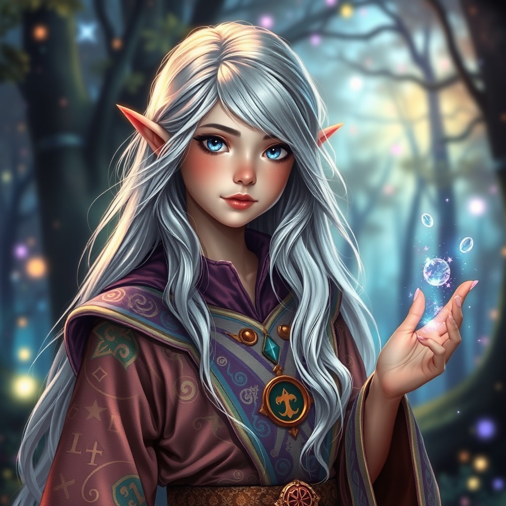 A captivating half-elf female teenage sorcerer, featuring long, flowing silver hair that catches the light beautifully and bright blue eyes full of wonder and magic