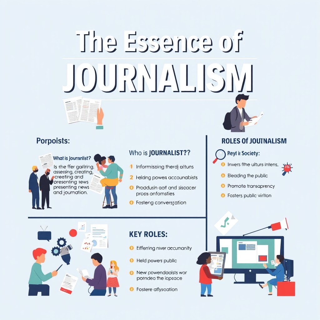 A visually engaging and informative poster that features the title 'The Essence of Journalism'