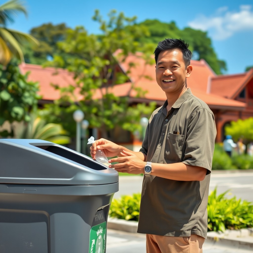 A Bruneian man, dressed in casual, modest clothing, actively disposing of rubbish properly in a clean public area