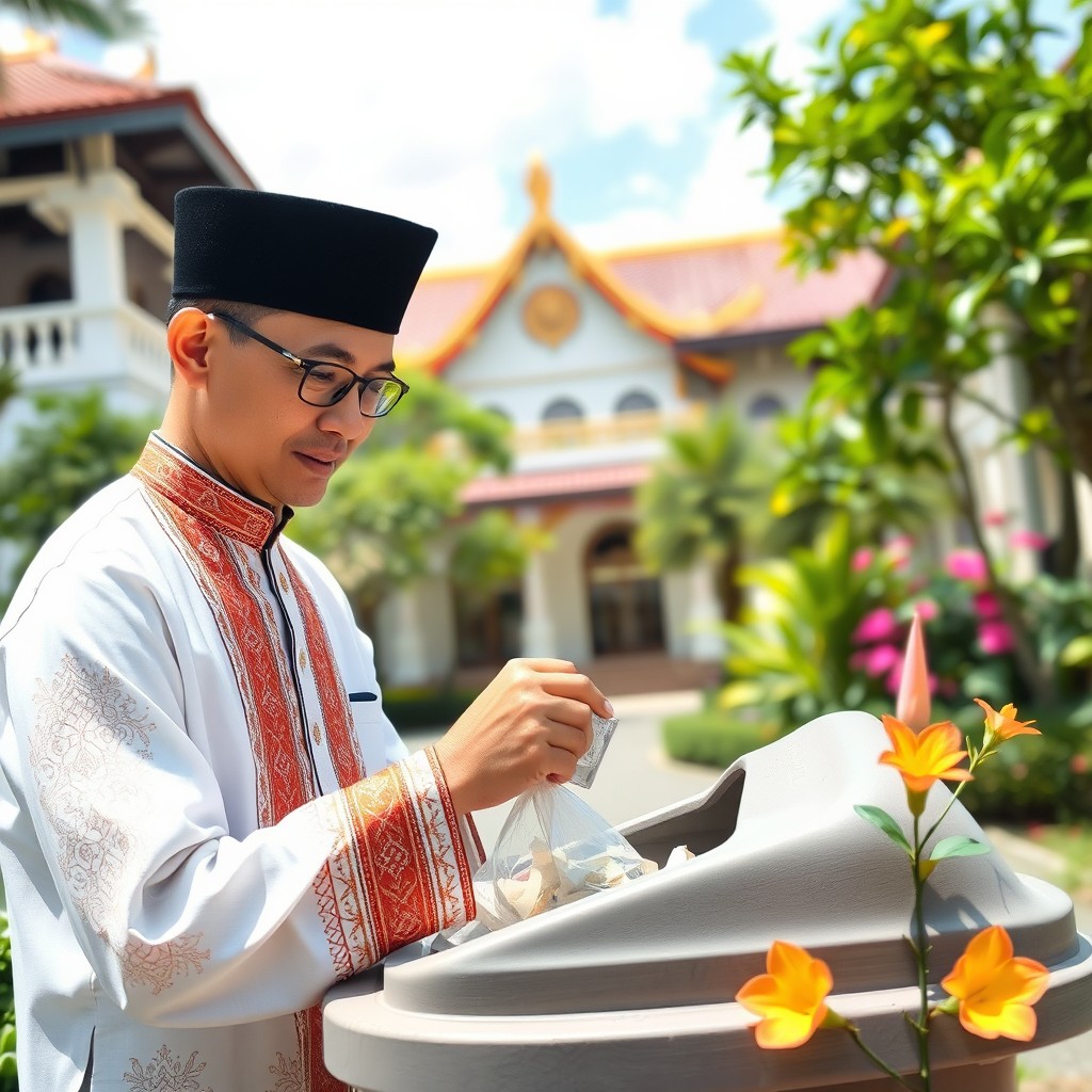 A Bruneian man in traditional attire, carefully disposing of rubbish in a proper waste bin, surrounded by the lush greenery and vibrant flora typical of Brunei