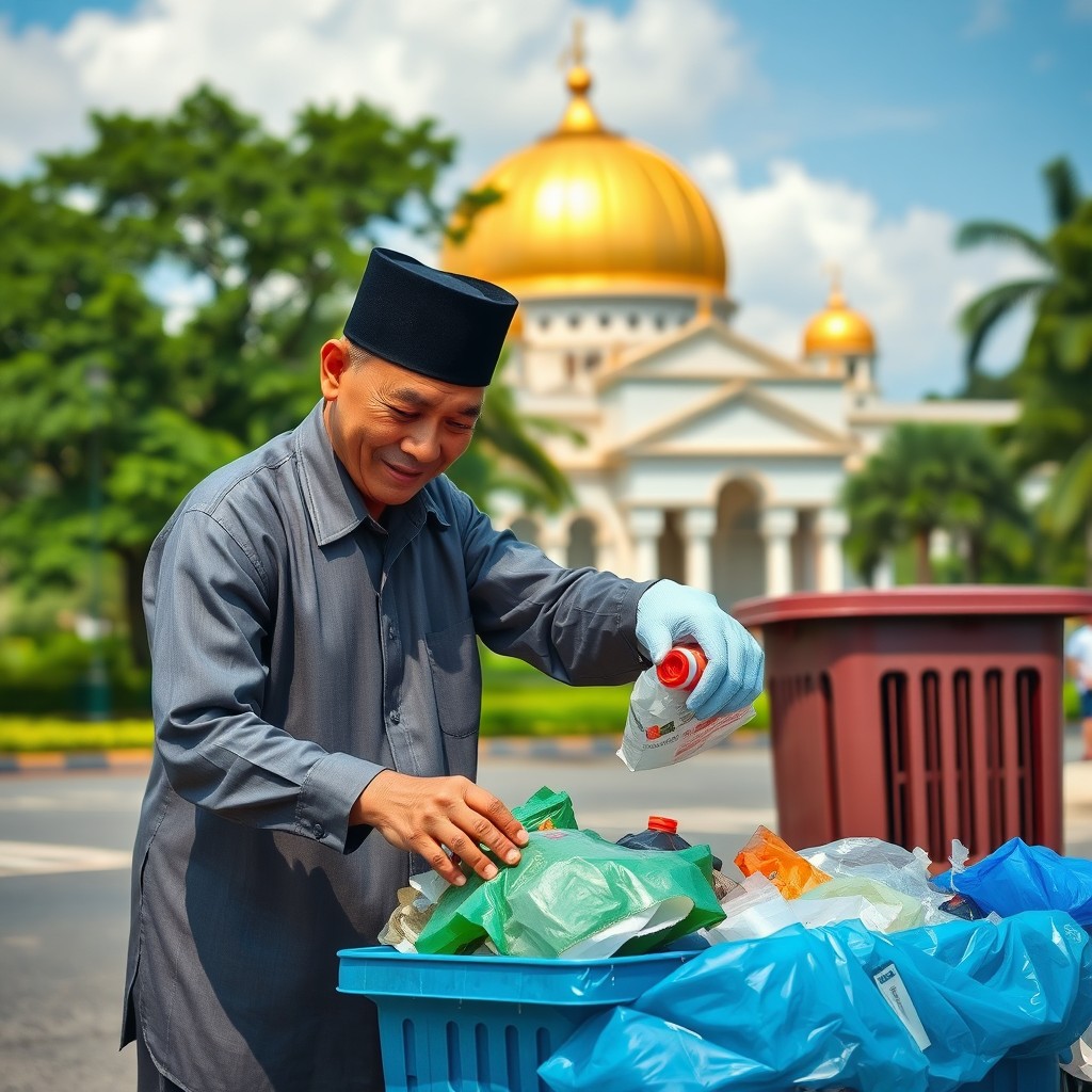 A Bruneian man, wearing traditional Malay attire, actively engaged in disposing of rubbish in a clean and organized manner