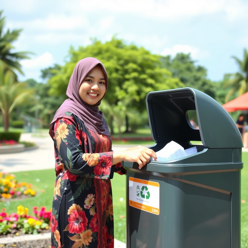 A Brunei Muslim woman wearing a colorful baju kurung, with a headscarf, disposing of rubbish in a recycling bin in a clean public park