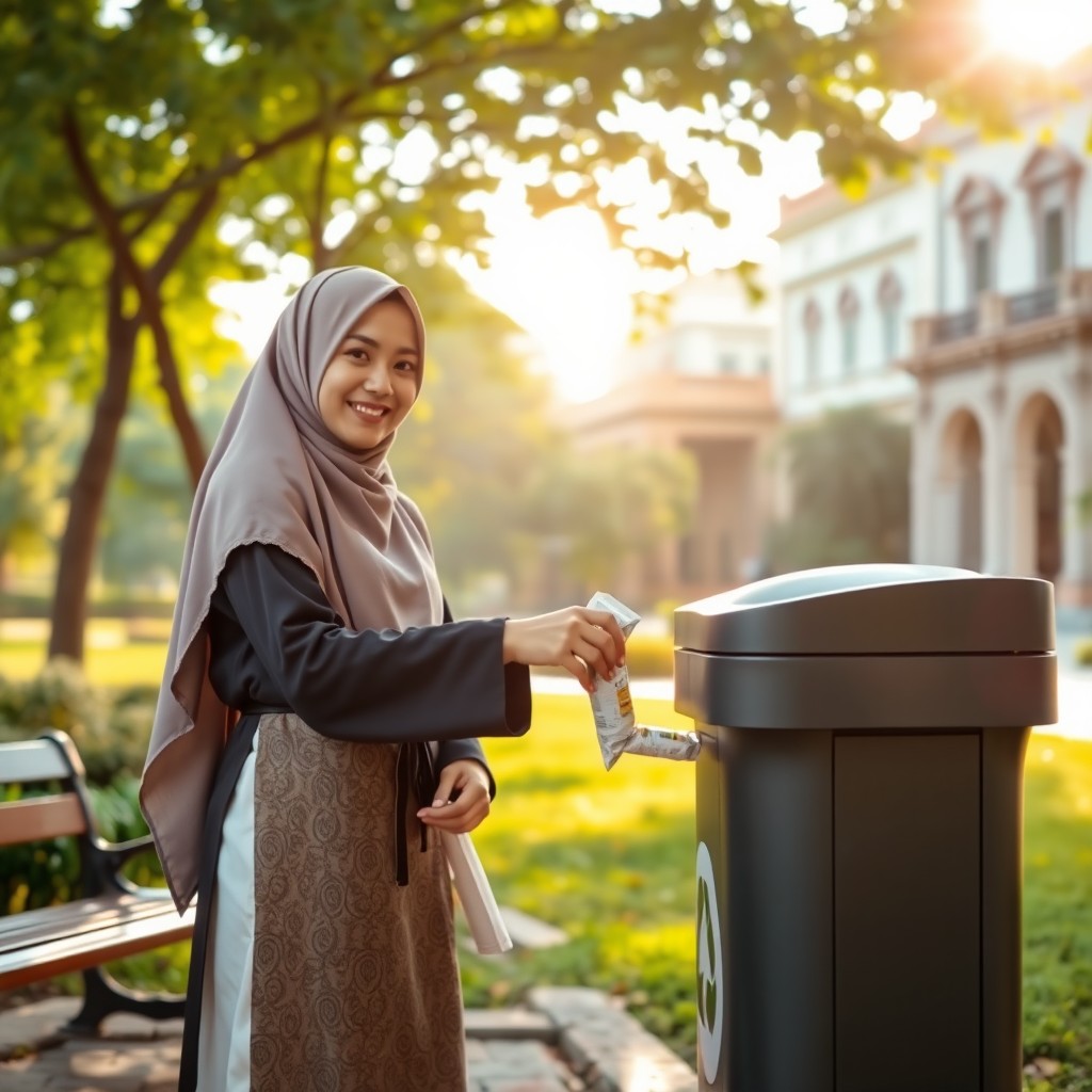 A Bruneian Muslim woman in traditional attire, including a beautiful hijab, standing in an urban park as she throws trash into a recycling bin