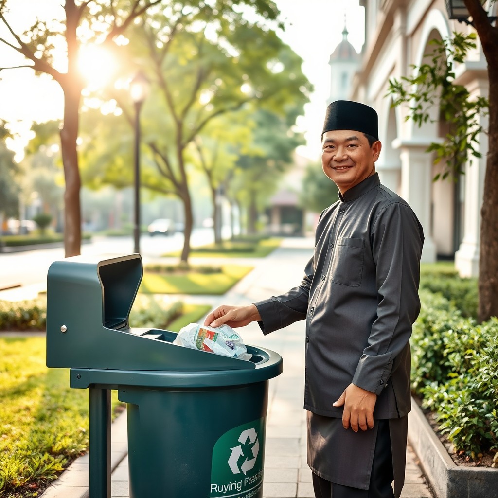 A Bruneian Muslim man dressed in traditional attire, including a smart baju melayu and a songkok, standing in a clean urban environment while throwing trash into a recycling bin
