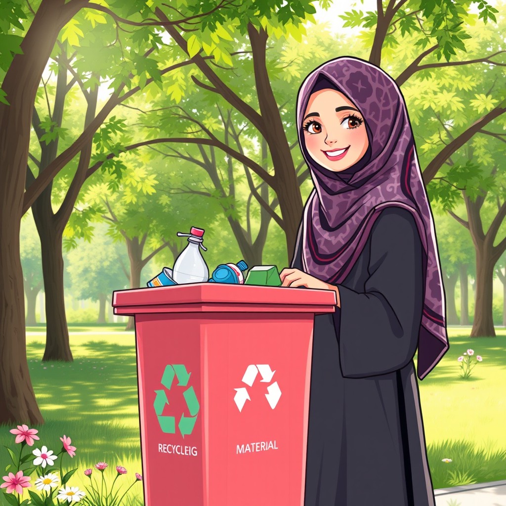 An illustration of a Muslim woman wearing a beautifully patterned hijab and modest clothing, smiling as she properly disposes of rubbish into a colorful recycling bin