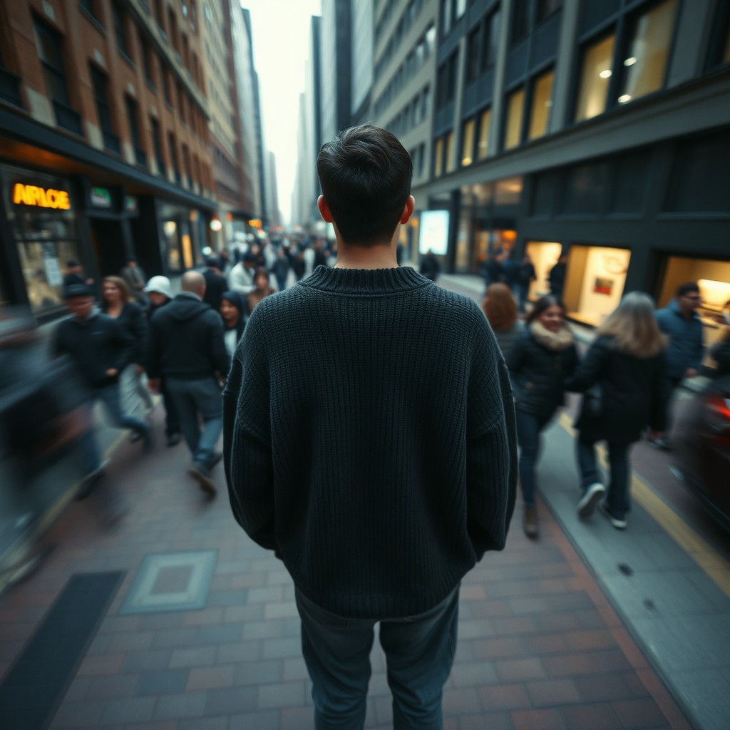 A cinematic overhead shot of a person standing still on a brick city sidewalk, wearing a dark oversized sweater