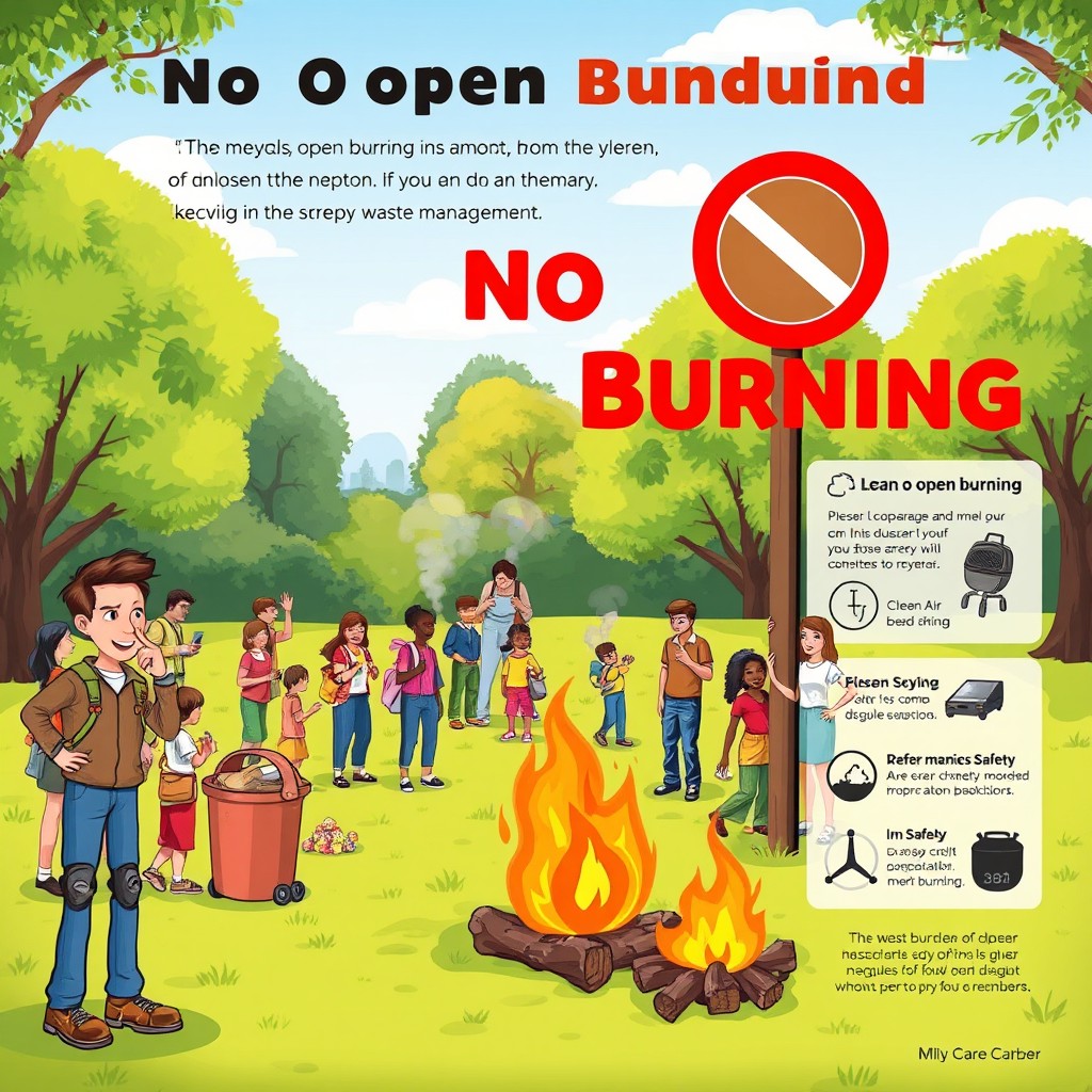 An illustration depicting a vibrant outdoor scene where a diverse group of people in a park are engaged in recycling and waste disposal activities, while a big red sign clearly states 'No Open Burning' in bold letters