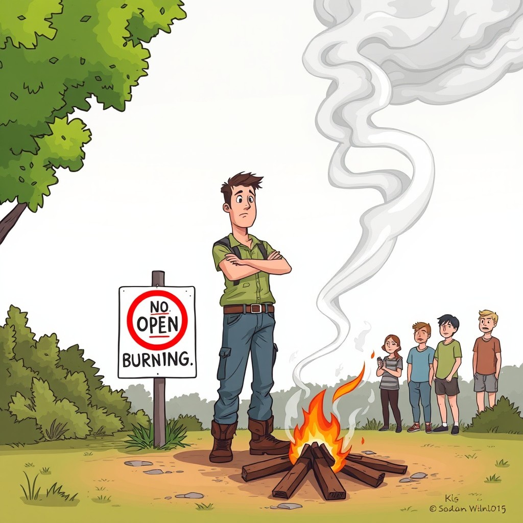 An illustration depicting a man standing near a small fire in an open area, surrounded by a contrast of lush greenery and smoke rising up