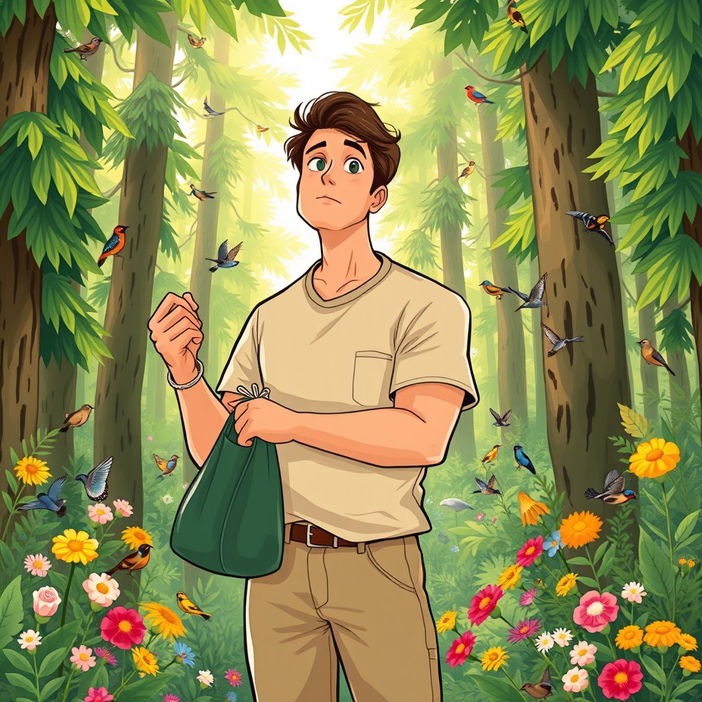 An illustration of a thoughtful man standing in a lush, vibrant forest filled with tall, green trees and colorful flowers, contemplating his choices