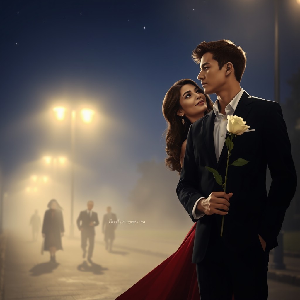 A romantic and mysterious scene featuring a couple standing on a foggy street at night