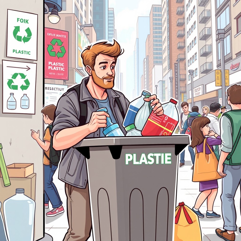 An illustration of a man actively reducing plastic waste in an urban environment, surrounded by a bustling city backdrop